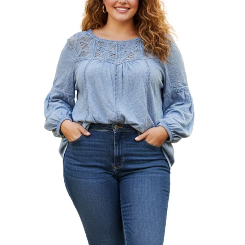 Sundance Crinkle Crochet Eyelet Pullover Long Sleeve Top Size XXL